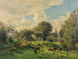 un tableau représentant des vaches paissant dans un champ près d'une maison