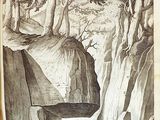 a picture of a drawing of a man standing in a cave