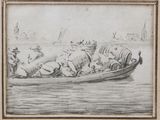 drawing of a man in a boat with a group of sheep in the water