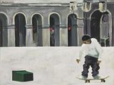 a painting of a boy riding a skateboard in the snow