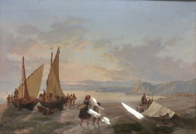 un tableau représentant un homme portant une planche de surf sur la plage