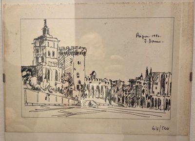 un dessin représentant un bâtiment surmonté d'une tour horloge