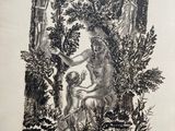 an image of a black and white drawing of a man and woman in a forest