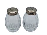 pair of glass salt and pepper shakers on a white background