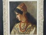 un tableau représentant une femme portant une coiffe et un collier