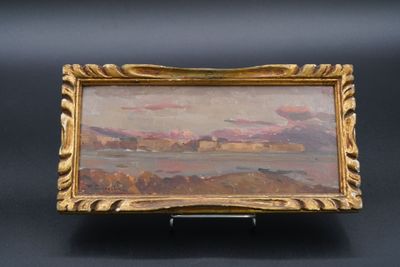une peinture à l'huile d'un paysage avec des montagnes en arrière-plan