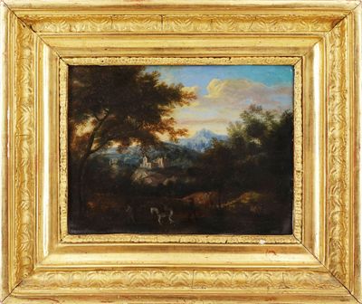 un tableau représentant un paysage boisé avec du bétail et des arbres