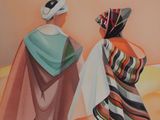 painting of two women walking in a desert with a sky background