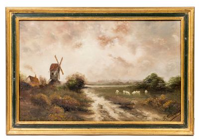 peinture représentant un paysage avec un moulin à vent et des moutons au premier plan