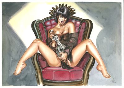 une image représentant un tableau où l'on voit une femme assise sur une chaise, tenant un pistolet