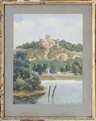an image of a painting of a castle on a hill above a lake