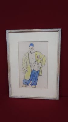 painting of a man in a yellow coat and blue pants