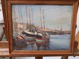 a picture of a painting of boats in a harbor