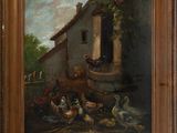 an oil painting of chickens and chickens outside a house