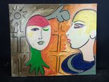 un tableau représentant deux femmes se faisant face sur un fond noir
