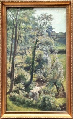 an oil painting of a wooded landscape with trees and a path