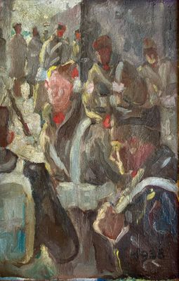 painting of a group of men sitting at a table in front of a window