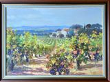 une peinture à l'huile représentant un vignoble avec une maison au loin