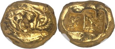 two gold coins with a picture of a man and a woman on them