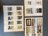 pictures hanging on the wall of a room with a clock