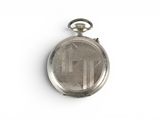 a silver pocket watch on a white surface with a white background