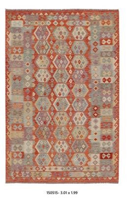 Kilim Afghan en laine Fond rouge et beige 301 x 199