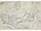 an image of a drawing of a man on a horse and a dog