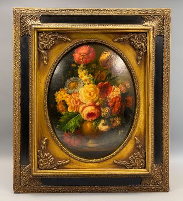 une peinture à l'huile représentant des fleurs dans un vase sur une table
