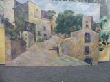 une peinture représentant une rue avec des bâtiments peints dessus