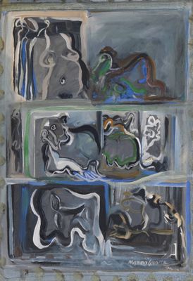 une image représentant un tableau où figurent divers animaux, exposé dans une vitrine