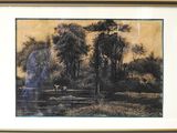 painting of a landscape with trees and a river in the foreground