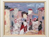an oil painting of people walking down a street in a town