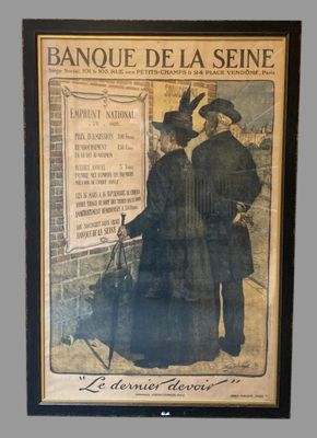 une vieille affiche représentant un couple debout côte à côte devant un immeuble