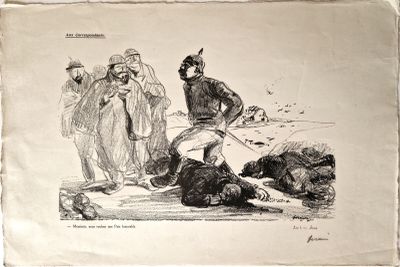 dessin représentant un homme à cheval attaqué par un homme portant un turban