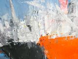 painting of an orange and black boat in a body of water with buildings in the background