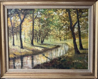 an oil painting of a stream running through a forest filled with trees