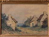 an image of a painting of a village by a river