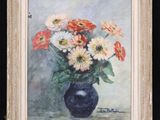painting of flowers in a vase on a table with a black background