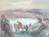 une peinture à l'huile représentant un groupe de personnes à cheval près d'un plan d'eau