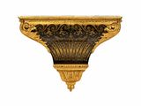 an image of a gold and black shelf with a clock on it