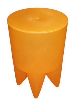 an orange plastic stool with three legs on a white background