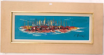 un tableau représentant un groupe de voiliers sur l'eau