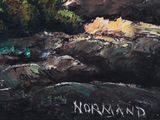 a painting of a bear that is standing on some rocks