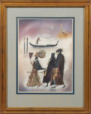 painting of three people standing in front of a boat on the water