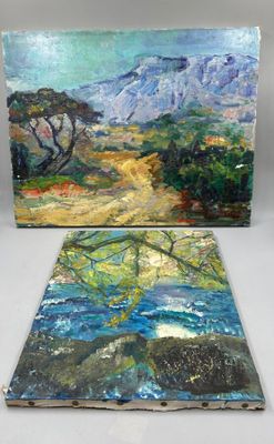 two paintings of a landscape with a mountain in the background