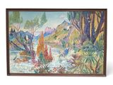 tableau représentant deux cygnes sur une rivière, avec des montagnes en arrière-plan