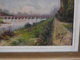 a painting of a painting of a bridge over a river