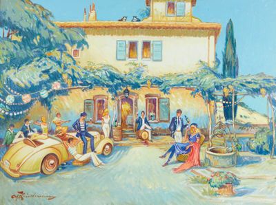 une image représentant un tableau où l'on voit un groupe de personnes devant une maison