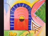 peinture représentant une peinture d'un bâtiment devant lequel se trouve une fleur