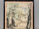 aquarelle encadrée représentant un paysage boisé avec une maison au loin